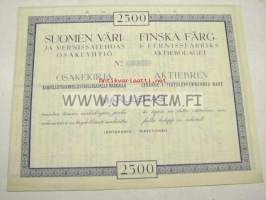 Suomen Väri- ja Vernissatehdas Oy 2 500 mk -osakekirja