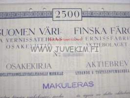 Suomen Väri- ja Vernissatehdas Oy 2 500 mk -osakekirja