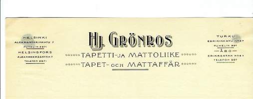 Hj Grönros Tapetti- ja Mattoliike Helsinki  - firmalomake  blanko