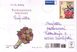 Punaineb  Risti, ystävänpäiväkortti,  Raija Riihimäki. Punaisen ristin postimerkki myöskin-