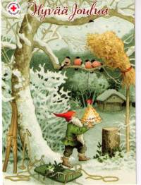 Joulukortti, Punainen Risti,kulkenut Punaisen ristin postimerkillä/ Inge Löök. Tuoko tonttu metsän eläimille kakun?