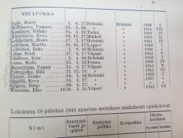 Helsingin Yhteislyseo - vuosikertomus lukuvuodelta 1945-1946 (oppilaiden nimet luokittain näkyvät kohteens kuvista) -annual report oaf an school in Helsinki