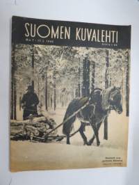 Suomen Kuvalehti 1945 nr 7, ilmestynyt 17.2.1945, sis. mm. seur. artikkelit / kuvat / mainokset; Kansikuva &quot;Metsätyöt ovat parhaassa käynnissä&quot;, Omat koirat