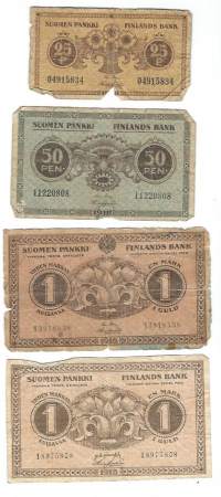 25 p, 50 p ja 1 markka 1916 -1918  seteli  4 eril