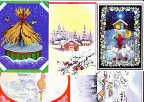 Joulupostikortteja 5 kpl 1980-luvulta. Kaikissa on mukana postimerkki.