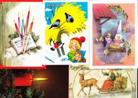 Joulupostikortteja 5 kpl 1980-luvulta. Kaikissa on mukana postimerkki.