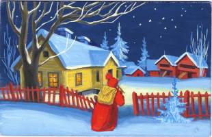 Irma Salmi , joulukortin originaali, peitevärimaalaus,  sing a tergoi  koko 21x14 cm kehystämätön  / Irma Salmi (s. 10. joulukuuta 1910 Helsinki) oli