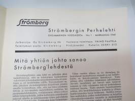 Strömberg 1940 nr 1 -henkilöstölehti, sis. mm. seur. artikkelit / kuvat; Strömbergiläisten ruotsinmatka, Uusia virkapukuja, Yhtiön sankarivainajien