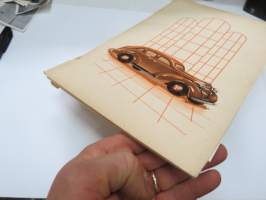 Kirjoituslehtiö 1930-luvun lopusta?, kansikuvituksena virtaviivainen loistoauto -writing paper