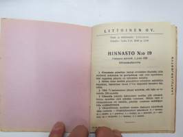 Littoinen - Suomen ensimmäinen verkatehdas - Hinnasto nr 19 (1936), kankaiden hinnasto, jossa mm. seuraavat laadut nimetty; Eskimo, Petsamo, Vaunuverka,