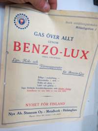 Benzo-Lux - bensiinikaasukäyttöiset valaisimet - keittimet - lämmittimet / benzin-gas värmeapparater - lys- och kokapparater -myyntiesite / sales brochure