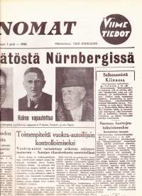Ilta-Sanomat 1946 N:o 227. &quot;Kolme vapauttavaa päätöstä Nürnbergissä&quot;&quot;  Uusintapainos. Liitteenä väripiirroskuva Nürnbergin natsioikeudenkäynnistä 42 x 52 cm.