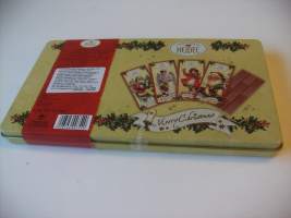 Frohe Weihnachten - täysi avaamaton suklaarasia kohokuvioitua metallia 12x21x2 cm - tuotepakkaus parasta ennen 2012