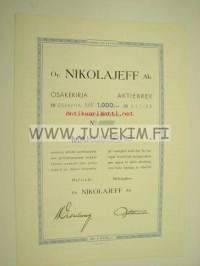Oy Nikolajeff Ab Helsinki 10 000 mk -osakekirja