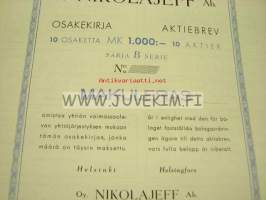 Oy Nikolajeff Ab Helsinki 10 000 mk -osakekirja