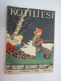 Kotiliesi 1933 nr 1, ilmestynyt 1.1.1933, tammikuu I numero, sis. mm. seur. artikkelit / kuvat / mainokset; Kansikuvitus Rudolf Koivu - &quot;Rekiretki&quot;, Uutta