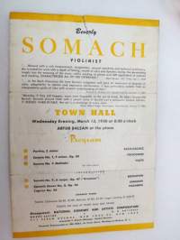 Beverly Somach, violinist (Artur Balsam at the piano), Town Hall, New York, concert ad -konsertin mainos