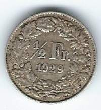Sveitsi 1/2 Franc 1929 hopeaa - ulkomainen kolikko