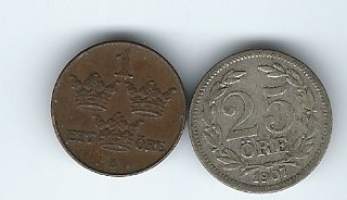 Ruotsi 1 Öre 1912 ja 25 Öre 1907 hopeaa  - ulkomainen kolikko
