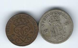 Ruotsi 1 Öre 1912 ja 25 Öre 1907 hopeaa  - ulkomainen kolikko