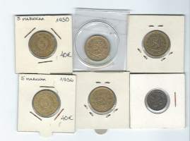 5 markkaa  1930, 1932,1933,1936,1938 ja 1953
