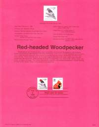 USA -1996, February 2nd:Red-headed Woodpecker, Cardinal (Punapäätikka, kardinaali)Ensipäiväleima, valmis kokoelmasivu sisältää sekä itse