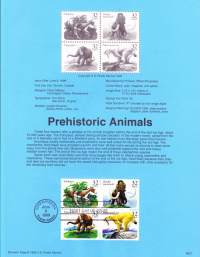 USA - 1996, June 8th: Prehistoric animals/Esihistoriallisia eläimiä: Eohippus, Woolly mammoth, Mastodont, Saber-tooth cat.Ensipäiväleima, valmis kokoelmasivu