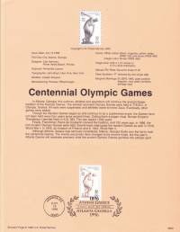 USA - 1996, July 19th:Centennial Olympic Games/ Atlantan Olympialaiset 1896-1996 100 v.Ensipäiväleima, valmis kokoelmasivu sisältää sekä itse