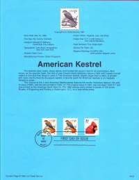USA - 1995, May 10th: American Kestrel 1c/Amerikan tuulihaukka.Ensipäiväleima, valmis kokoelmasivu sisältää sekä itse postimerkin/postimerkit että paino-