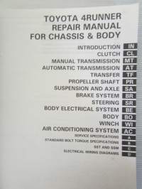 Toyota 4Runner Repair Manual for Chassis &amp; Body AYN13 / RN125. 13 / VZN130 / LN13 series Aug., 1989 -korjauskäsikirja