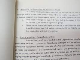 Instruction Manual for ADL Collins Helium Cryostat -nestemäisellä  jäähdytetyllä kaasulla toimivien erikoislaitteiden käyttöohjekirja