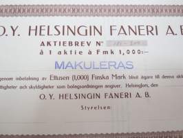 Oy Helsingin Faneri Ab, Helsinki 193?, 1 000 mk -osakekirja -share certificate