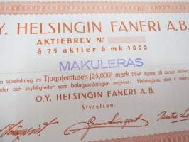 Oy Helsingin Faneri Ab, Helsinki 193?, 25 osaketta á 1 000 mk, 25 000 mk -osakekirja -share certificate