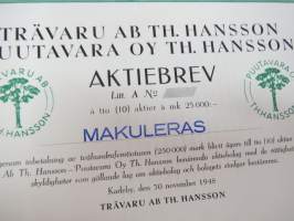 Trävaru Ab Th. Hansson Puutavara Oy Th. Hansson, 10 aktier á 25 000 mk 250 000 mk -osakekirja -share certificate