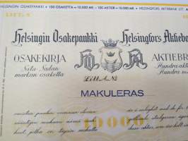 Helsingin Osakepankki, Helsinki 1951, Sata Sadan markan osaketta Litt. A.10 000 mk Hundra aktier ´a Hundra mark -osakekirja -share certificate