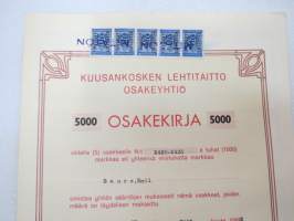 Kuusankosken Lehtitaitto Oy, Kuusankoski 1962, viisi osaketta á 1 000 mk = 5 000 mk, osakkeet nr 2429-2433, Emil Saure -osakekirja -share certificate