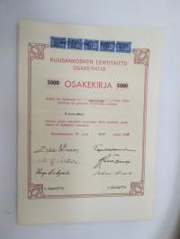 Kuusankosken Lehtitaitto Oy, Kuusankoski 1962, viisi osaketta á 1 000 mk = 5 000 mk, osakkeet nr 2424-2428, Emil Saure -osakekirja -share certificate