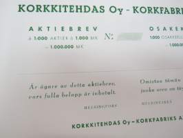 Korkkitehdas Oy, Helsinki, 1 000 osaketta ´1 000 mk = 1 000 000 mk -osakekirja blanco -share certificate