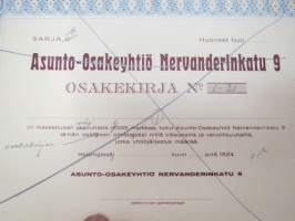 Asunto-osakeyhtiö Nervanderinkatu 9, Helsinki 5 000 mk 1924, sarja B -osakekirja -share certificate