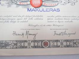 Suomen Höyrylaiva Osakeyhtiö - Finska Ångfartygs Aktiebolag, Helsinki 1941, 1 osake / 1 aktie á 1 000 mk, 1 000 mk, Litt. C -osakekirja / share certificate