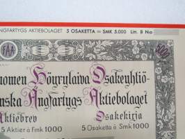 Suomen Höyrylaiva Osakeyhtiö - Finska Ångfartygs Aktiebolag, Helsinki 1941, 5 osaketta / 5 aktier á 1 000 mk, 5 000 mk, Litt. B -osakekirja / share certificate