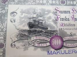 Suomen Höyrylaiva Osakeyhtiö - Finska Ångfartygs Aktiebolag, Helsinki 1941, 5 osaketta / 5 aktier á 1 000 mk, 5 000 mk, Litt. B -osakekirja / share certificate