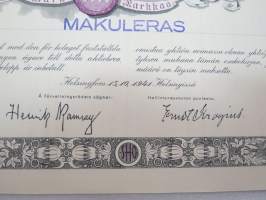Suomen Höyrylaiva Osakeyhtiö - Finska Ångfartygs Aktiebolag, Helsinki 1941, 5 osaketta / 5 aktier á 1 000 mk, 5 000 mk, Litt. B -osakekirja / share certificate