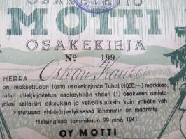 Osakeyhtiö Motti, Helsinki 1941, 1 000 mk, Herra Oskari Kauppi, osakekirja nr 199 (Piirtänyt Erkki Tanttu) -share certificate