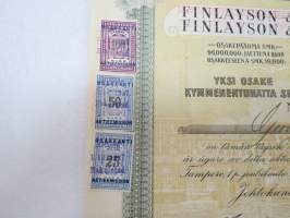 Finlayson &amp; Co Oy (Oy Finlayson-Forssa Ab), Tampere 1927, 1 osake 10 000 mk en aktie, nr 4602, Georg von Rauch -osakekirja -share certificate