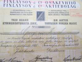 Finlayson &amp; Co Oy (Oy Finlayson-Forssa Ab), Tampere 1927, 1 osake 10 000 mk en aktie, nr 4602, Georg von Rauch -osakekirja -share certificate
