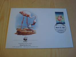 Flamingo, Lintu, WWF, Angola, 1999, ensipäiväkuori, FDC. Hieno esim. lahjaksi. Katso myös muut kohteeni mm. noin 1 500 erilaista ulkomaista ensipäiväkuorta