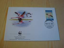 Flamingo, Lintu, WWF, Angola, 1999, ensipäiväkuori, FDC. Hieno esim. lahjaksi. Katso myös muut kohteeni mm. noin 1 500 erilaista ulkomaista ensipäiväkuorta