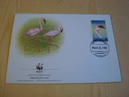 Flamingo, Lintu, WWF, Angola, 1999, ensipäiväkuori, FDC. Hieno esim. lahjaksi. Katso myös muut kohteeni mm. noin 1 500 erilaista ulkomaista ensipäiväkuorta