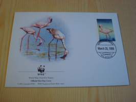 Flamingo, Lintu, WWF, Angola, 1999, ensipäiväkuori, FDC. Hieno esim. lahjaksi. Katso myös muut kohteeni mm. noin 1 500 erilaista ulkomaista ensipäiväkuorta